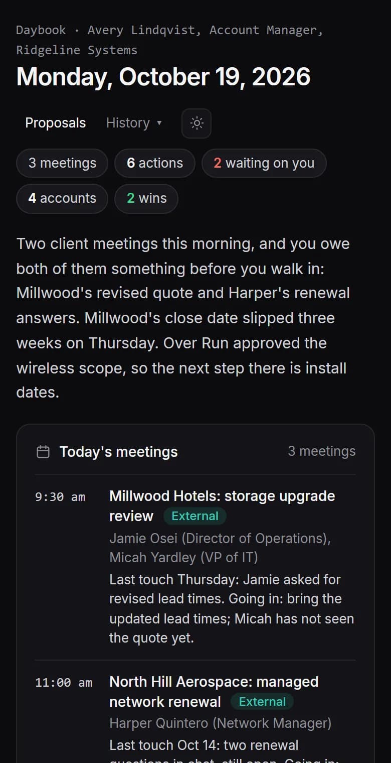 A real Daybook brief on a phone. Invented content.