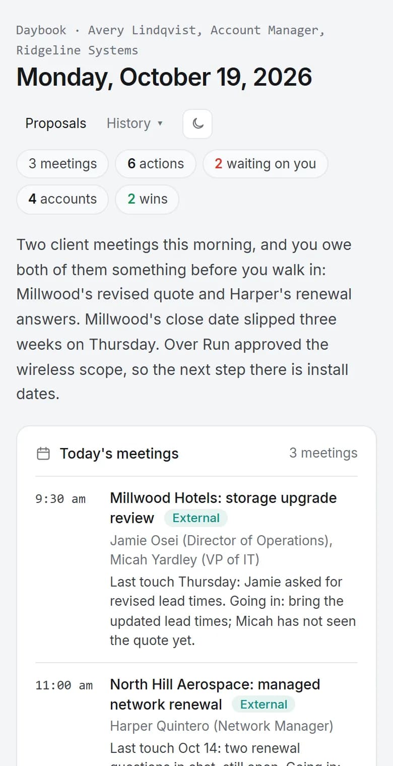 A real Daybook brief on a phone. Invented content.